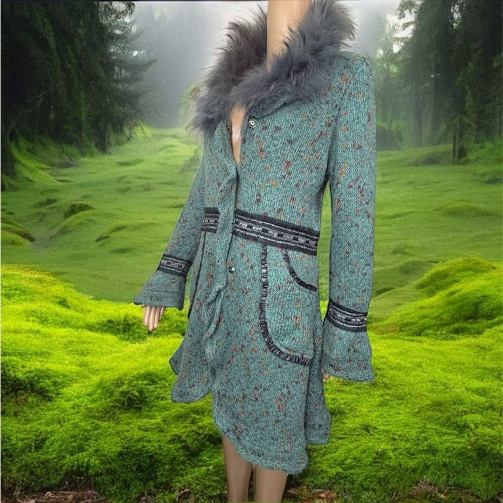 Fantazia Vintage Stylish Green Coat with Fur Collar